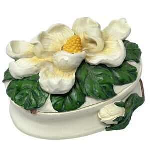 CBK LTD Magnolia Flower Trinket Box Resin Vintage 1995 Oval 4 x 3 Inches Floral